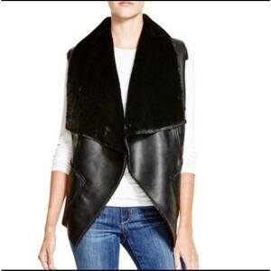 Blank NYC Black Faux Leather + Fur Collar Open Front Vest Size Small